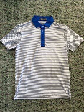 G/FORE Men’s White Polo with Thin Blue Stripes and Blue Collar